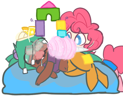 Size: 600x500 | Tagged: safe, artist:mt, oc, oc only, oc:mudpie, oc:pogo, parent:pinkie pie, parent:snails, satyr, blocks, cheese, cotton candy, food, groucho mask, offspring, shoes, sleeping, teabag