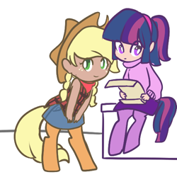 Size: 500x500 | Tagged: safe, artist:mt, oc, oc only, oc:cinnamon cider, oc:glimmer, parent:applejack, parent:twilight sparkle, satyr, clothing, looking at you, offspring, scroll, sitting, skirt, smiling, standing