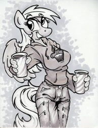 Size: 850x1100 | Tagged: safe, artist:trollie trollenberg, character:derpy hooves, species:anthro, clothing, coffee, female, hoodie, monochrome, smiling, solo
