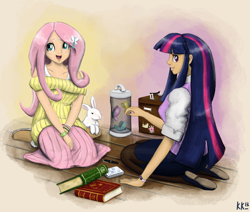 Size: 1280x1084 | Tagged: safe, artist:king-kakapo, character:angel bunny, character:fluttershy, character:twilight sparkle, species:human, animal, book, bracelet, butterfly, clothing, humanized, jewelry, light skin, long skirt, off shoulder, off shoulder sweater, short-sleeved sweater, skirt, sweater, sweatershy