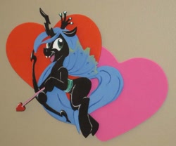 Size: 500x415 | Tagged: safe, artist:trollie trollenberg, character:queen chrysalis, arrow, bow (weapon), bow and arrow, cupid, female, heart, photo, solo, traditional art