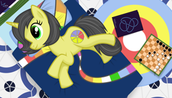 Size: 11200x6400 | Tagged: safe, artist:parclytaxel, oc, oc only, oc:pauly sentry, species:pony, species:unicorn, .svg available, absurd resolution, bed, book, carpet, chess, lounging, penrose tiling, present, rainbow panorama, soft shading, solo, vector