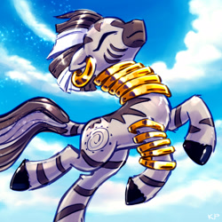 Size: 1600x1600 | Tagged: safe, artist:kp-shadowsquirrel, character:zecora, species:pony, species:zebra, chest fluff, female, gold, leg fluff, mare, solo, water
