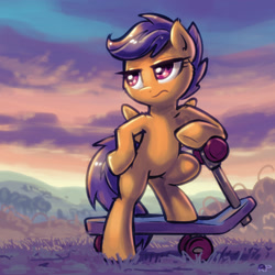 Size: 1600x1600 | Tagged: safe, artist:kp-shadowsquirrel, edit, character:scootaloo, species:pegasus, species:pony, bipedal, bipedal leaning, cool, cropped, female, hoof on hip, leaning, lidded eyes, scootaloo is not amused, scooter, solo, standing, unamused