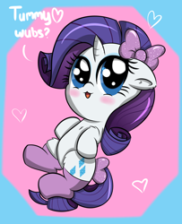 Size: 3000x3691 | Tagged: safe, artist:wickedsilly, character:rarity, :3, bellyrubs, blushing, bow, chibi, clothing, cute, female, floppy ears, fluffy, heart, looking at you, open mouth, raribetes, smiling, socks, solo, tail bow