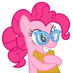 Size: 1052x1058 | Tagged: safe, artist:zacatron94, part of a set, character:pinkie pie, species:earth pony, species:pony, adorkable, alternate hairstyle, book, braces, cute, diapinkes, dork, female, glasses, grin, nerd pony, ponytail, simple background, smart, smiling, solo, transparent background, vector