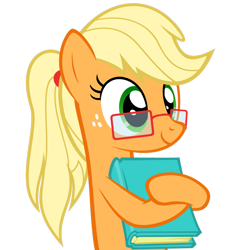 Size: 1068x1072 | Tagged: safe, artist:zacatron94, part of a set, character:applejack, species:earth pony, species:pony, adorkable, alternate hairstyle, book, cute, dork, female, freckles, glasses, jackabetes, mare, nerd pony, ponytail, simple background, solo, transparent background, vector