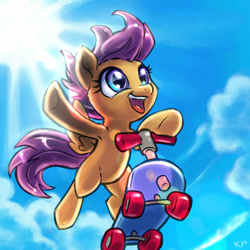Size: 1600x1600 | Tagged: safe, artist:kp-shadowsquirrel, character:scootaloo, species:pegasus, species:pony, action pose, armpits, cloud, cloudy, crepuscular rays, female, happy, low angle, riding, scooter, sky, smiling, solo