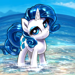 Size: 1600x1600 | Tagged: safe, artist:kp-shadowsquirrel, character:rarity, beach, eyelashes, female, looking at you, solo, unamused, water