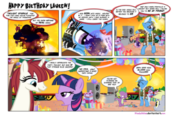 Size: 1400x953 | Tagged: safe, artist:pixelkitties, character:derpy hooves, character:spike, character:trixie, character:twilight sparkle, oc, oc:fausticorn, species:pegasus, species:pony, bane, batman, birthday, comic, female, happy birthday, happy birthday lauren faust, lauren faust, mare, parody, party