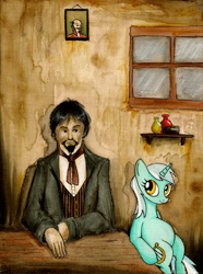 Size: 600x806 | Tagged: safe, artist:foxinshadow, character:lyra heartstrings, species:human, species:pony, species:unicorn, classic art, duo, looking at each other, meme, sitting, sitting lyra, smiling