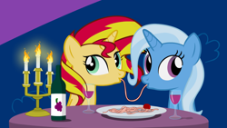 Size: 1280x720 | Tagged: safe, artist:hakunohamikage, character:sunset shimmer, character:trixie, species:pony, species:unicorn, ship:suntrix, my little pony:equestria girls, female, lady and the tramp, lesbian, shipping, spaghetti, spaghetti scene