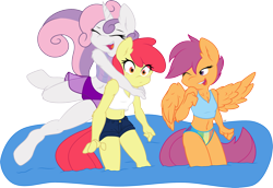 Size: 2665x1829 | Tagged: safe, artist:ambris, artist:gray-gold, character:apple bloom, character:scootaloo, character:sweetie belle, species:anthro, species:earth pony, species:pegasus, species:pony, species:unguligrade anthro, species:unicorn, ship:sweetiebloom, .svg available, belly button, bikini, blushing, chest fluff, clothing, cutie mark crusaders, eyes closed, female, fluffy, glomp, hug, hug from behind, lesbian, meta, midriff, multiple variants, older, open mouth, purple swimsuit, shipping, shorts, simple background, smiling, surprised, svg, swimsuit, transparent background, vector, water, wide eyes, wink