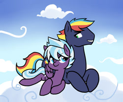 Size: 979x816 | Tagged: safe, artist:kianamai, oc, oc only, oc:prism bolt, oc:whirlwind, parent:cloudchaser, parent:rainbow dash, parent:soarin', parent:thunderlane, parents:soarindash, parents:thunderchaser, kilalaverse, cloud, cloudy, cuddling, grin, next generation, offspring, prone, smiling, snuggling, story included