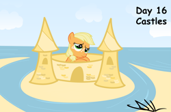 Size: 3481x2277 | Tagged: safe, artist:sintakhra, character:applejack, beach, female, filly, high res, sandcastle, solo
