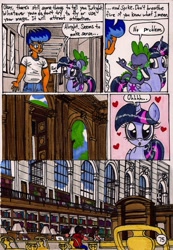 Size: 1369x1983 | Tagged: safe, artist:newyorkx3, character:flash sentry, character:spike, character:twilight sparkle, character:twilight sparkle (alicorn), species:alicorn, species:dragon, species:human, species:pony, comic:twilight and the big city, book, comic, female, heart, library, male, mare, that pony sure does love books, traditional art