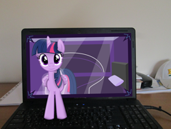 Size: 4608x3456 | Tagged: safe, artist:missbeigepony, artist:parclytaxel, character:twilight sparkle, character:twilight sparkle (alicorn), species:alicorn, species:pony, bed, book, breaking the fourth wall, cap, clothing, computer, female, hat, irl, laptop computer, looking at you, mare, phone, photo, ponies in real life, smiling, solo, vector