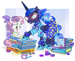 Size: 1200x982 | Tagged: safe, artist:pixelkitties, character:princess luna, character:sweetie belle, species:alicorn, species:pony, species:unicorn, 1950s, 50's fashion, adorkable, alternate hairstyle, bipedal leaning, board game, bow, bracelet, braces, card, clothing, cute, diasweetes, dice, dork, dress, fashion, female, filly, frown, garbage day, glasses, grin, horseshoes, jewelry, lunabetes, mare, necklace, open mouth, raised eyebrow, ribbon, silent night deadly night, simple background, skirt, smiling, stratego, tabletop gaming, transparent background