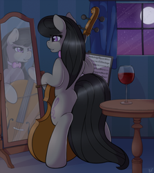Size: 1600x1795 | Tagged: safe, artist:ratofdrawn, character:octavia melody, species:pony, beautiful, bipedal, bow tie, cello, cute, female, glass, mirror, musical instrument, plot, reflection, solo, tavibetes, wine