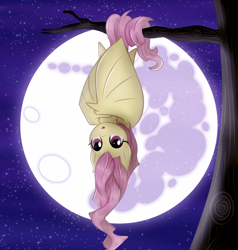 Size: 2856x3000 | Tagged: safe, artist:kp-shadowsquirrel, artist:vocalmaker, character:flutterbat, character:fluttershy, episode:bats!, g4, my little pony: friendship is magic, :o, cute, fangs, female, hanging, looking at you, mare in the moon, moon, night, prehensile tail, shyabetes, solo, tree, upside down