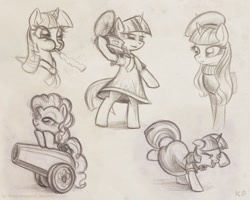 Size: 800x640 | Tagged: safe, artist:kp-shadowsquirrel, character:pinkie pie, character:rarity, character:twilight sparkle, beatnik rarity, beret, clothing, dancing, dress, gramophone, hat, party cannon, sketch dump, sweater