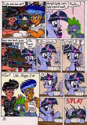 Size: 1376x1983 | Tagged: safe, artist:newyorkx3, character:flash sentry, character:spike, character:twilight sparkle, character:twilight sparkle (alicorn), non-mlp oc, oc, oc:tommy, self insert, species:alicorn, species:human, species:pony, comic:twilight and the big city, comic, female, majestic as fuck, mare, salad, table manners, traditional art