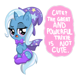Size: 4000x4000 | Tagged: safe, artist:wickedsilly, character:trixie, species:pony, species:unicorn, blatant lies, blushing, cape, chibi, clothing, cute, denial, dialogue, female, great and powerful, hat, i'm not cute, leotard, magician outfit, mare, socks, solo, speech bubble, third person, trixie's cape, trixie's hat, tsundere, tsunderixie