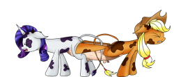 Size: 1280x569 | Tagged: safe, artist:novaspark, character:applejack, character:rarity, species:cow, species:pony, species:unicorn, applecow, clopfic in description, conjoined, cow pony, fusion, magic fail, raricow, shipping, species swap, spell gone wrong, story included, together forever, udder, we have become one