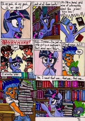 Size: 1359x1937 | Tagged: safe, artist:newyorkx3, character:flash sentry, character:spike, character:twilight sparkle, character:twilight sparkle (alicorn), species:alicorn, species:dragon, species:pony, comic:twilight and the big city, book, comic, female, library, male, mare, nerdgasm, ohmygosh, that pony sure does love books, traditional art