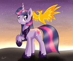 Size: 1200x1000 | Tagged: safe, artist:ratofdrawn, character:peewee, character:twilight sparkle, character:twilight sparkle (unicorn), species:phoenix, species:pony, species:unicorn, duo, ethereal mane, female, galaxy mane, hoof shoes, jewelry, mare, older, peewee, peytral, princess, raised hoof, regalia, signature, spread wings, twilight (astronomy), wings