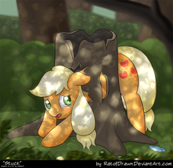Size: 1000x973 | Tagged: safe, artist:ratofdrawn, character:applejack, species:pony, fanfic:stuck, butt, buttstuck, clopfic, crying, dappled sunlight, fanfic, fanfic art, feather, female, forest, implied rainbow dash, sad, silly, silly pony, solo, stuck, tree, tree stump, worried