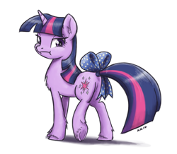 Size: 1280x1116 | Tagged: safe, artist:king-kakapo, character:twilight sparkle, :t, bow, chest fluff, ear fluff, female, frown, looking at you, looking back, plot, solo, tail bow, unamused, underhoof, unshorn fetlocks