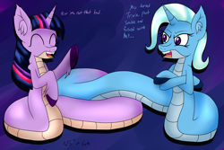 Size: 1280x853 | Tagged: safe, artist:novaspark, character:trixie, character:twilight sparkle, species:lamia, ship:twixie, conjoined, dialogue, ear fluff, fangs, female, fusion, lesbian, original species, pushmi-pullyu, shipping, together forever, trixie lulamia, twilamia, we have become one
