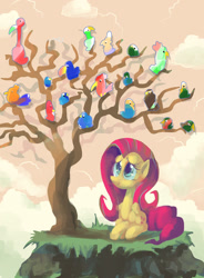 Size: 1400x1900 | Tagged: safe, artist:docwario, character:fluttershy, species:bird, species:pegasus, species:pony, female, folded wings, mare, sitting, smiling, under the tree, wings