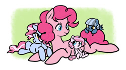 Size: 1024x569 | Tagged: safe, artist:kianamai, character:pinkie pie, oc, oc:cloudy skies, oc:cotton candy, oc:sugar rush, parent:pinkie pie, parent:pokey pierce, parents:pokeypie, species:earth pony, species:pegasus, species:pony, species:unicorn, kilalaverse, :o, abstract background, cuddling, female, filly, leaning, looking at you, looking sideways, looking up, lying down, mare, mother and daughter, next generation, offspring, open mouth, peeking, prone, siblings, sisters, smiling, sploot, spread wings, wings