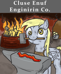 Size: 1000x1214 | Tagged: safe, artist:king-kakapo, character:derpy hooves, species:pegasus, species:pony, anvil, bacon, blacksmith, caption, female, fire, hammer, mare, mouth hold, solo