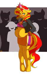 Size: 720x1136 | Tagged: safe, artist:arnachy, character:sunset shimmer, species:anthro, species:unguligrade anthro, belly button, bellyring, big crown thingy, blushing, element of magic, embarrassed, equestria girls outfit, pregnant