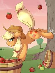 Size: 1024x1365 | Tagged: safe, artist:ratofdrawn, character:applejack, species:earth pony, species:pony, apple, apple/apples falling, basket, bucking, clothing, female, hat, mare, solo, tree