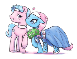 Size: 1000x768 | Tagged: safe, artist:king-kakapo, character:aloe, character:lotus blossom, species:earth pony, species:pony, aloebetes, blushing, brother and sister, clothing, cute, dress, female, floppy ears, flower, grin, heart, kiss on the cheek, kissing, male, mare, not incest, not shipping, platonic kiss, raised hoof, rule 63, rule63betes, shy, siblings, smiling, spa twins, stallion, twins, unshorn fetlocks, wink