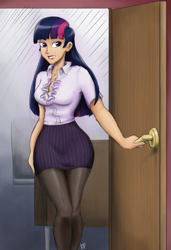Size: 2407x3524 | Tagged: safe, artist:king-kakapo, artist:kinkypinkie, character:twilight sparkle, species:human, breasts, busty twilight sparkle, clothing, colored, door, female, humanized, office, pantyhose, secretary, skirt, solo, wide hips