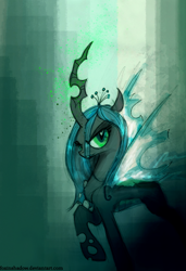 Size: 616x900 | Tagged: safe, artist:foxinshadow, character:queen chrysalis, species:changeling, abstract background, changeling queen, female, grin, raised hoof, smiling, solo