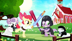 Size: 1600x916 | Tagged: safe, artist:pixelkitties, character:apple bloom, character:opalescence, character:spike, character:sweetie belle, adorabloom, clothing, costume, crossover, cute, darth sidious, darth vader, diasweetes, emperor palpatine, jedi, leia skywalker, luke skywalker, mouth hold, nom, ponyville schoolhouse, princess leia, sith, spikabetes, star wars