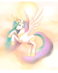 Size: 1006x1263 | Tagged: safe, artist:hioshiru, character:princess celestia, species:alicorn, species:pony, crown, female, flying, hoof shoes, jewelry, looking at you, necklace, regalia, side view, solo, spread wings, wings