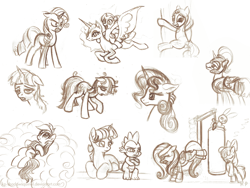 Size: 1000x750 | Tagged: safe, artist:kp-shadowsquirrel, character:apple bloom, character:fluttershy, character:rainbow dash, character:rarity, character:spike, character:twilight sparkle, monochrome, punching bag, sketch, sketch dump, tired