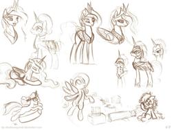 Size: 1000x750 | Tagged: safe, artist:kp-shadowsquirrel, character:fluttershy, character:princess celestia, character:twilight sparkle, monochrome, royal guard, sketch, sketch dump