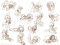 Size: 1000x750 | Tagged: safe, artist:kp-shadowsquirrel, character:fluttershy, character:pinkamena diane pie, character:pinkie pie, character:spike, character:sweetie belle, couch, filly, monochrome, sketch, sketch dump