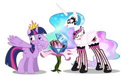 Size: 1200x729 | Tagged: safe, artist:pixelkitties, character:princess celestia, character:twilight sparkle, character:twilight sparkle (alicorn), species:alicorn, species:pony, clothing, female, hot topic, mare, ponymania, punklestia, simple background, stockings, transparent background, vector