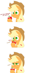 Size: 1304x2726 | Tagged: safe, artist:zacatron94, character:applejack, species:pony, apple, clothing, comic, cowboy hat, dialogue, eating, female, hat, kill them all, onomatopoeia, puffy cheeks, simple background, solo, text, that pony sure does love apples, transparent background, who's a silly pony