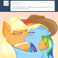Size: 708x715 | Tagged: safe, artist:ratofdrawn, character:applejack, character:rainbow dash, ship:appledash, accessory swap, ask, ask appledash, bedroom eyes, blushing, clothing, cowboy hat, eyes closed, female, floppy ears, fluffy, hat, kissing, lesbian, making out, shipping, stetson, tumblr