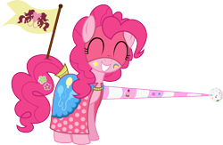 Size: 1104x720 | Tagged: safe, artist:parclytaxel, artist:xenoneal, character:pinkie pie, .svg available, cape, clothing, cute, eyes closed, female, grin, jousting, lance, mask, simple background, smiling, solo, svg, transparent background, vector